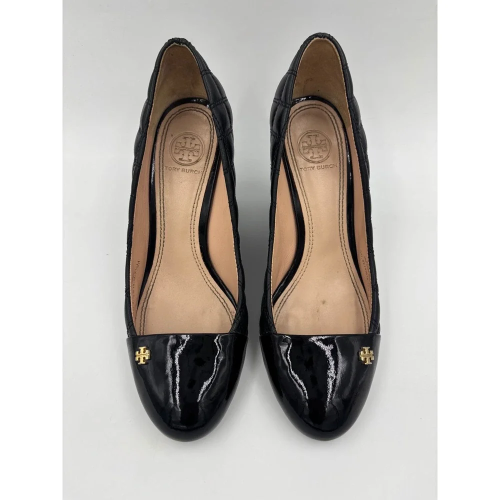 Tory Burch Claremont Black Quilted Leather Patent Cap Toe Wedge Pumps 7.5M